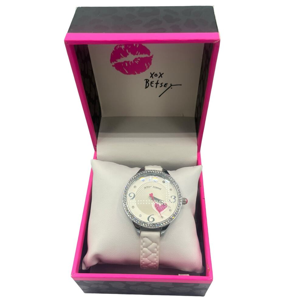 Betsey John Womens Watch White Band With Hearts